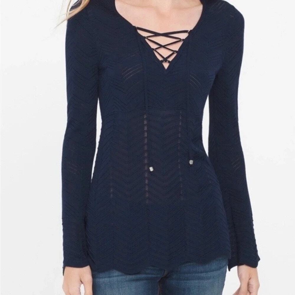 WHBM Navy Lace Up Chevron Knit Pullover Tunic Sweater Medium